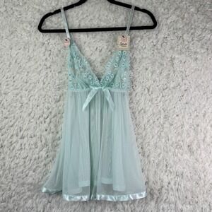 Baby Doll Lingerie Soft Blue Lace Tulle Sheer Floral Set Size S New